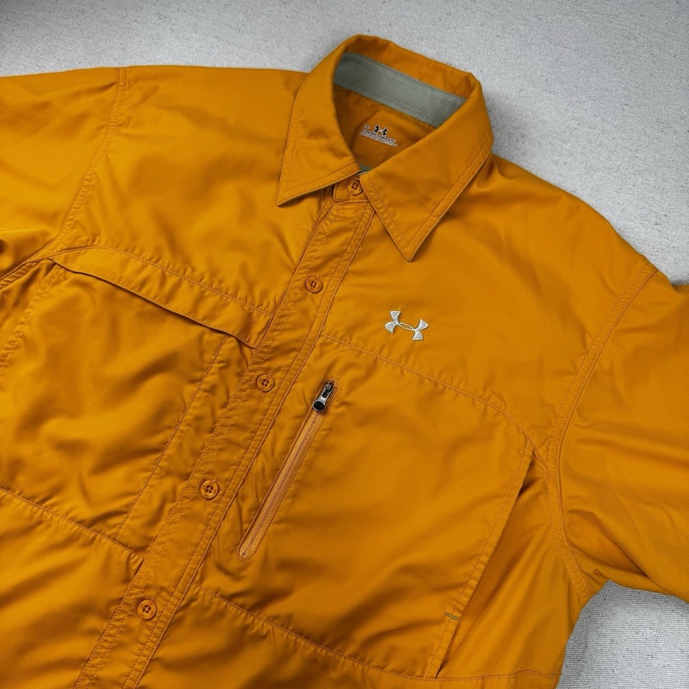 Under Armour Mens Medium Orange Vented Fishing Hiking Button Up Shirt Zip Pocket